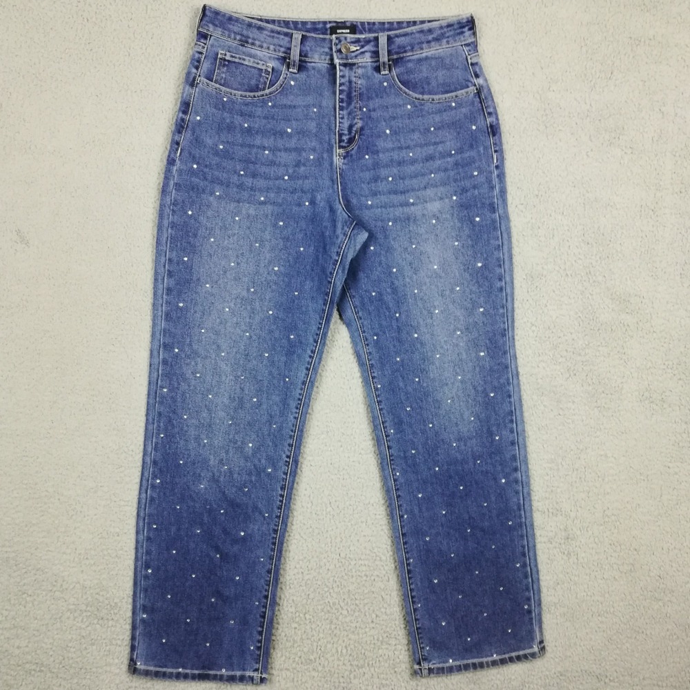 Express Womens Jeans Straight Leg Blue Denim Embellished Rhinestone High Rise 10